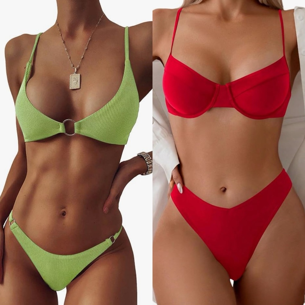 SHEIN Red and Light Green Bikini Set